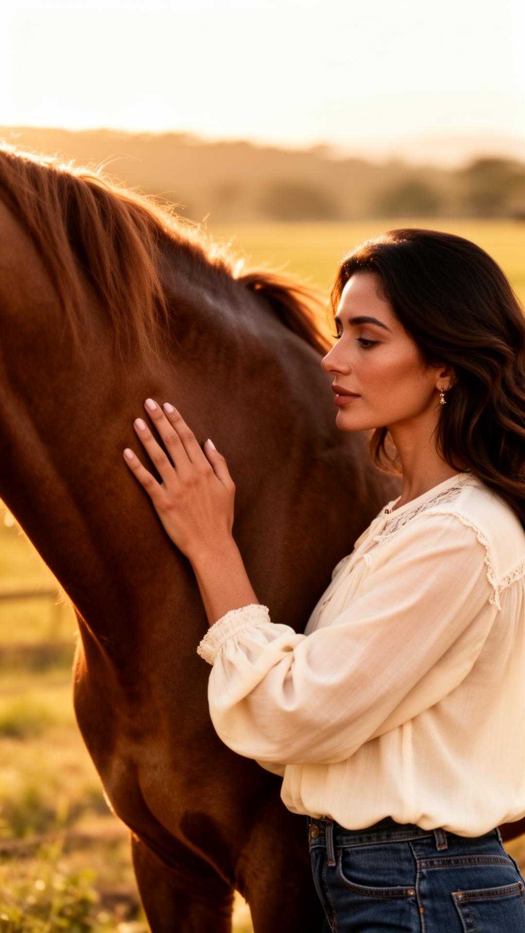 Mulher acariciando cavalo na fazenda