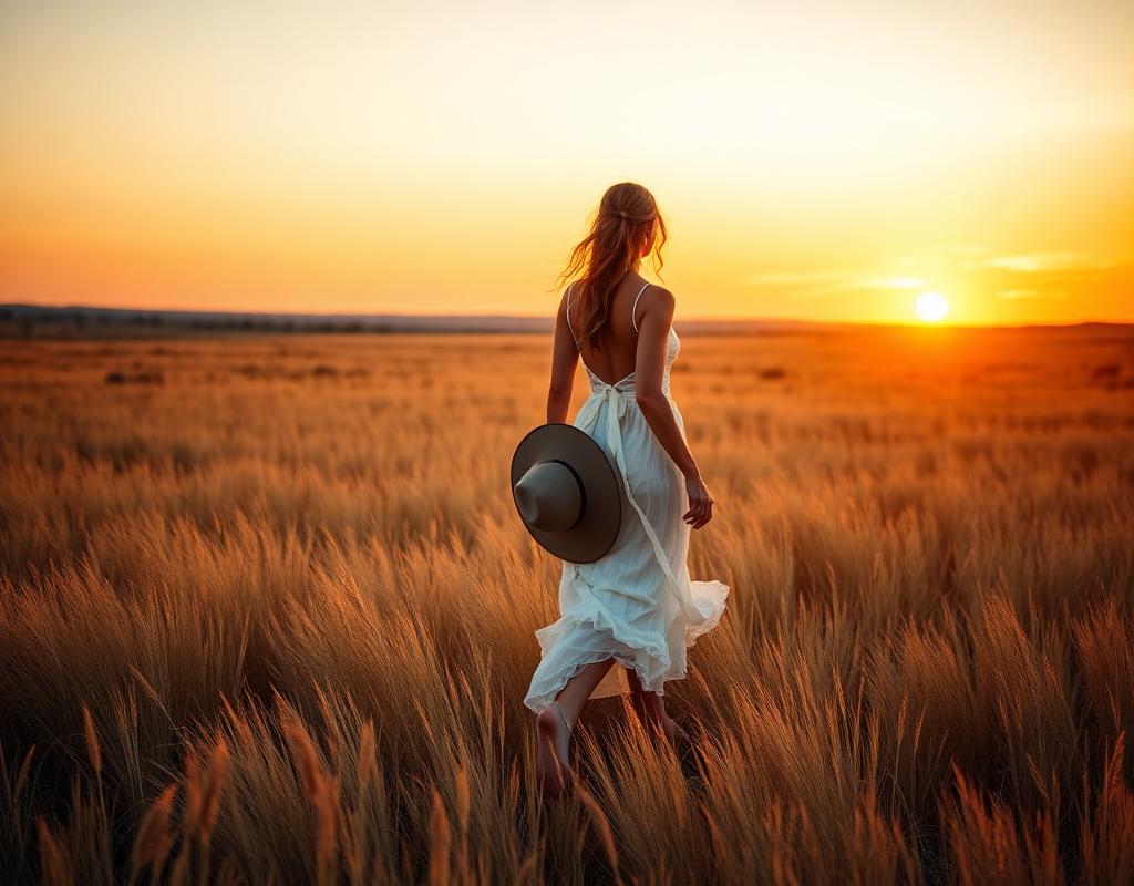 Mulher em campo dourado ao pôr do sol